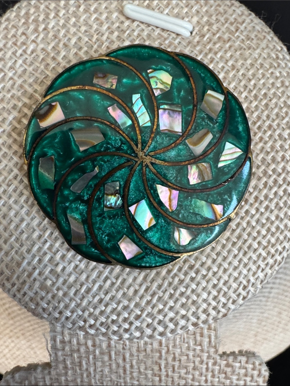 VTG Mexican Alpaca Silver Round Green Brooch Pin